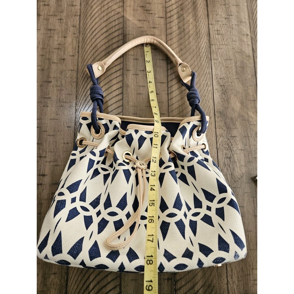Spartina 449 Bucket Bag Blue Geo Linen Leather Drawstring Nautical Coastal Chic - Picture 14 of 16